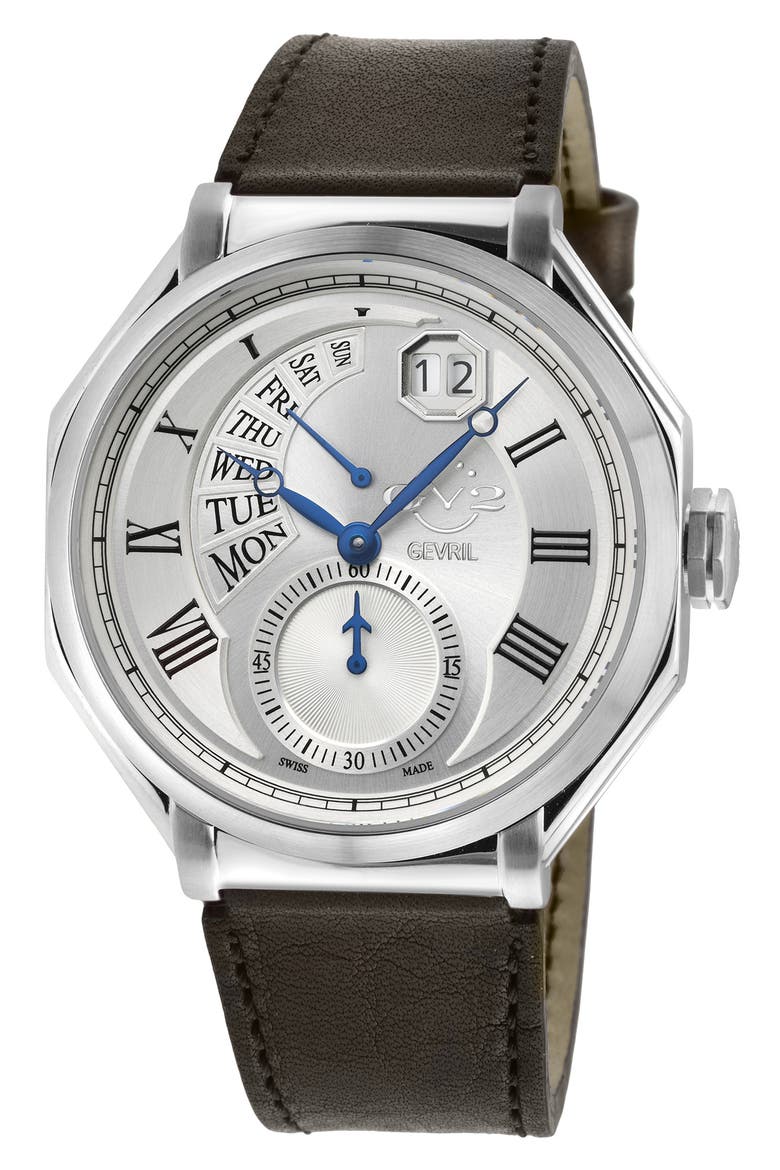 Men's Marchese Leather Strap Watch, 44mm, Main, color, BROWN
