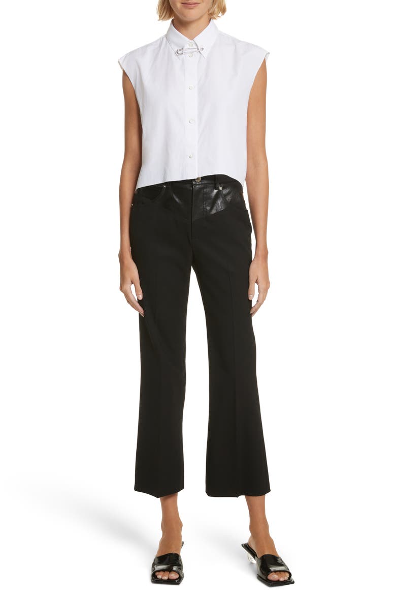 Textured Suiting & Leather Garter Flare Pants, Alternate, color, BLACK