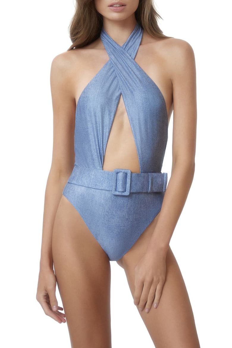 Belted Alex Crossover Halter One-Piece Swimsuit, Main, color, INDIE SKY