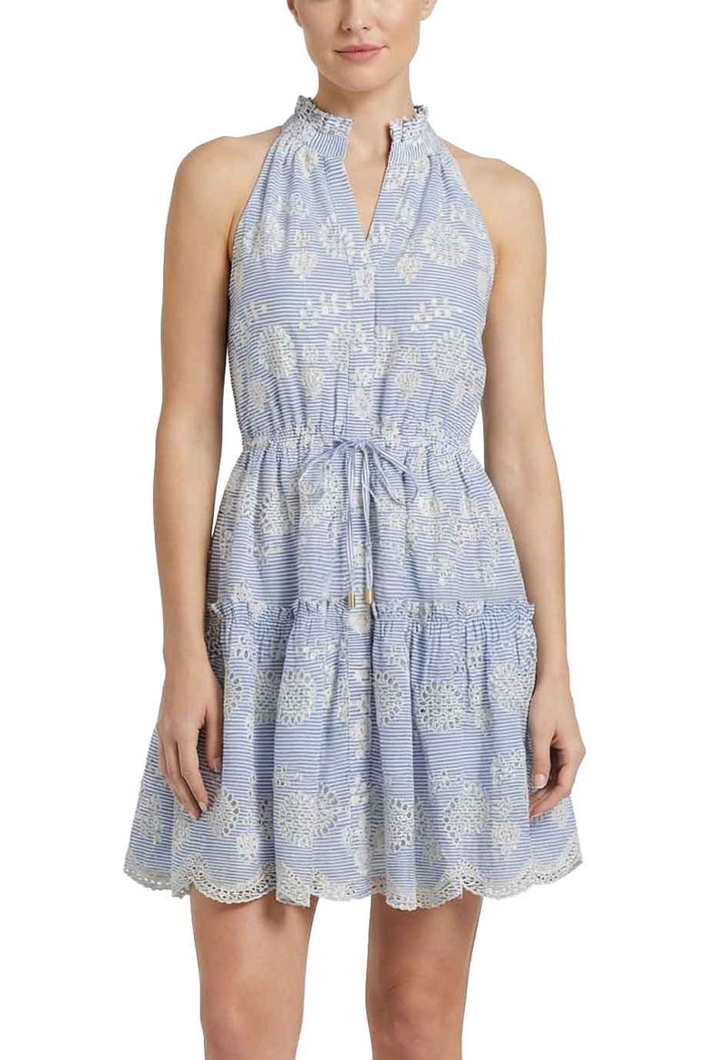 Charlotte Pinstripe Eyelet Button-Front Cotton Shirtdress, Main, color, Sky/Natural
