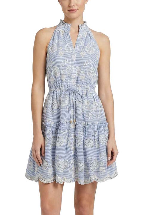 Charlotte Pinstripe Eyelet Button-Front Cotton Shirtdress