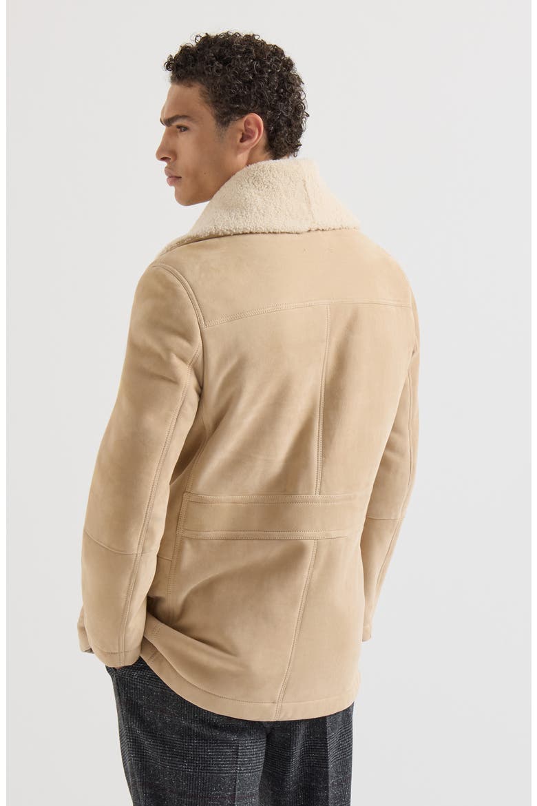 Suede curly shearling pea coat with shawl collar, Alternate, color, Sand