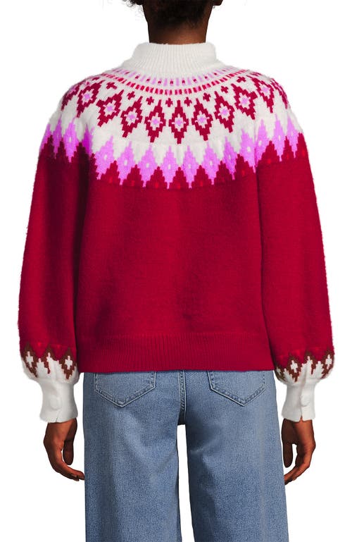 Lands' End Fuzzy Turtleneck Lantern Sleeve Jacquard Sweater In Red