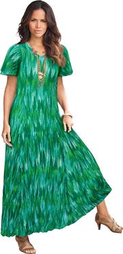 Roaman's Plus Size Hand Crinkled Flutter Sleeve Maxi Dress