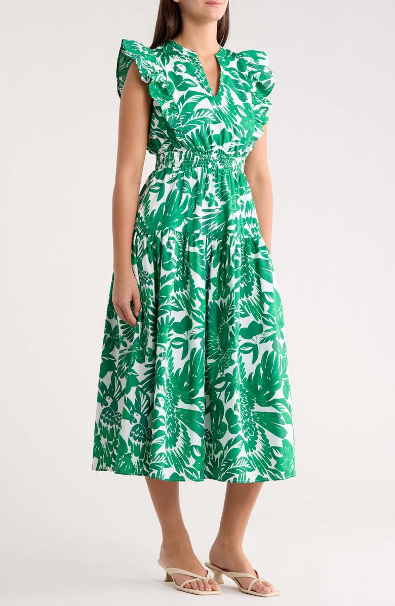 SUGARLIPS Masey Tropical Virna Ruffle Midi Sundress, Alternate, color, White-Greens