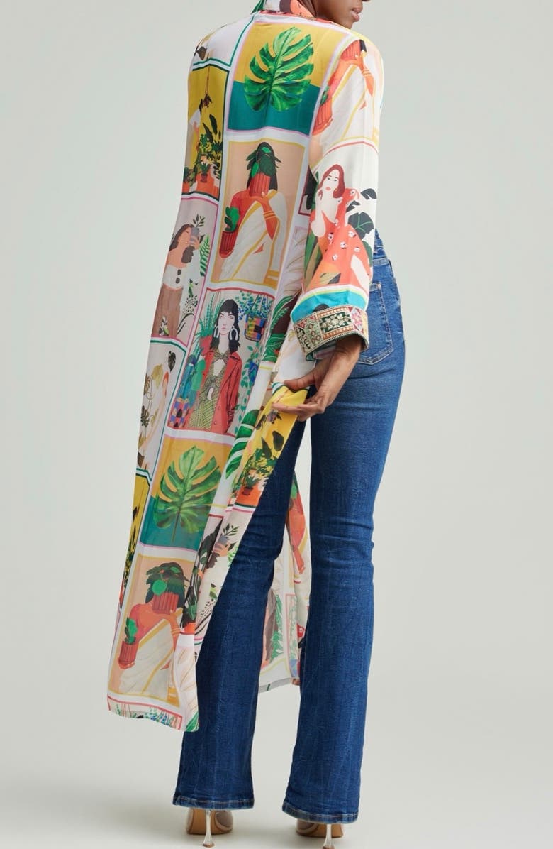 holiCHIC Mixed Graphic Print Open Front Satin Jacket, Alternate, color, White