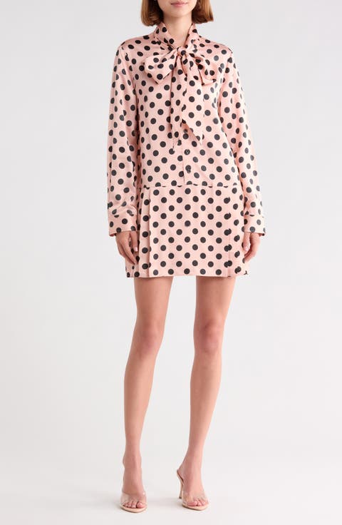 Dot Print Tie Neck Pleated Minidress