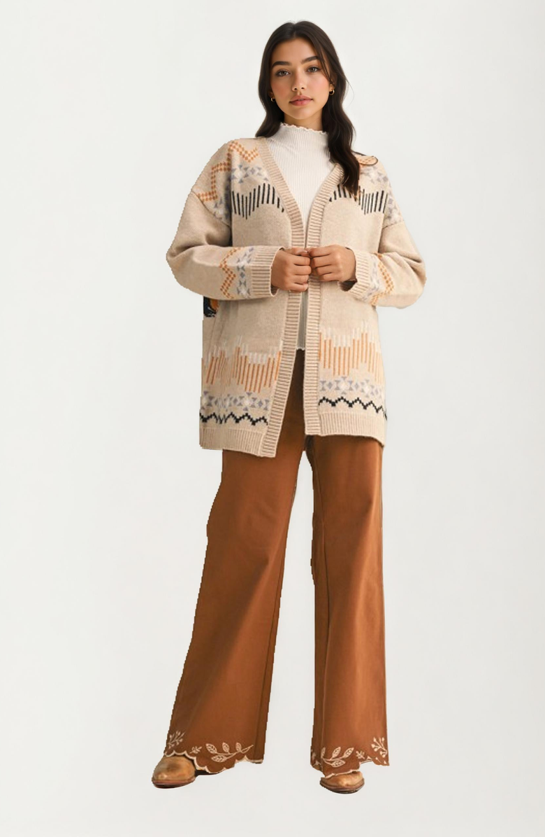 Knit and Lounge Scallop Trim Geometric Knit Pattern Cardigan, Alternate, color, Beige Multi