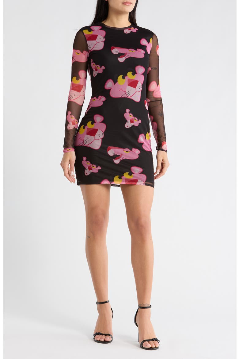 Pink Panther Long Sleeve Mesh Dress, Main, color, BLACK