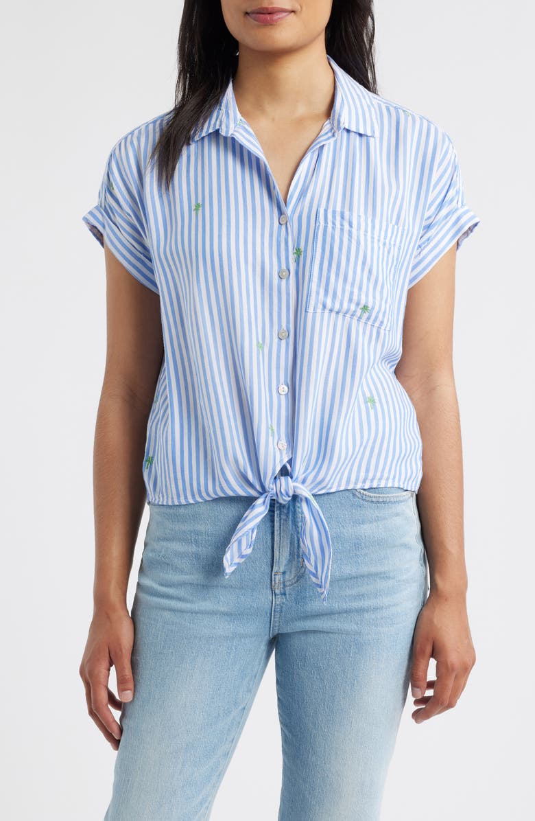 beachlunchlounge Rosie Embroidered Tie Front Short Sleeve Button-Up Shirt, Main, color,