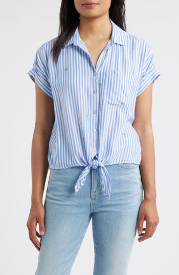 Beachlunchlounge Rosie Embroidered Tie Front Short Sleeve Button-up Shirt