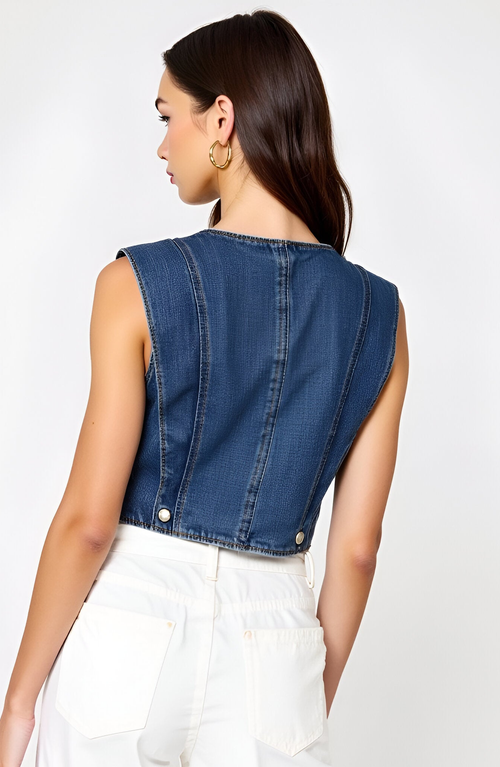 Modenaire Denim Vest With Front Buttons And Angled Hem Detail In Blue