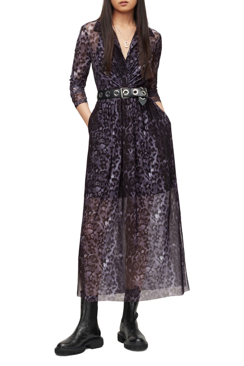 Kelda Celia Leopard Star Long Sleeve Mesh Shirtdress, Main, color, CHARCOAL GREY