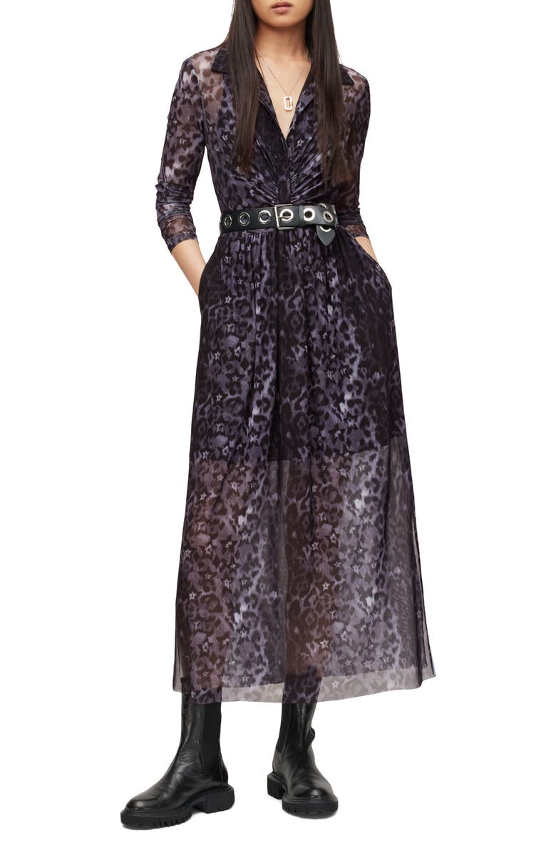 AllSaints Kelda Celia Leopard Star Long Sleeve Mesh Shirtdress, Main, color,