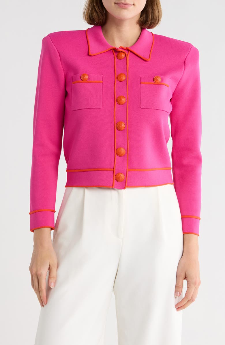 L'AGENCE Neon Trim Cropped Cardigan, Main, color, Pink/ Orange