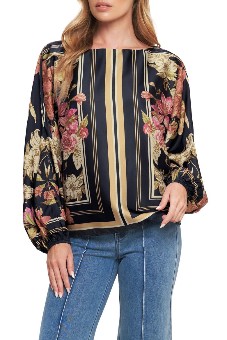 Floral & Stripe Print Satin Top, Main, color, BLACK