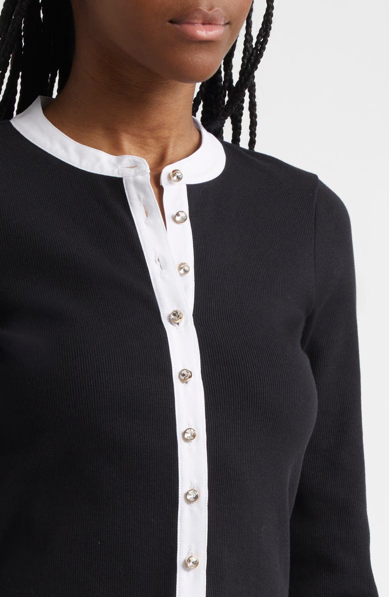 Cinq à Sept Beverly Crystal Button-Up Stretch Cotton Shirt, Alternate, color, Black/ White