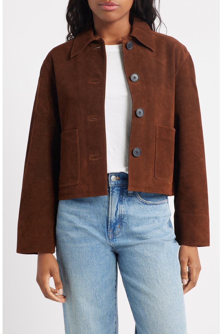 Boxy Crop Suede Jacket, Main, color, DARK ROAST SUEDE