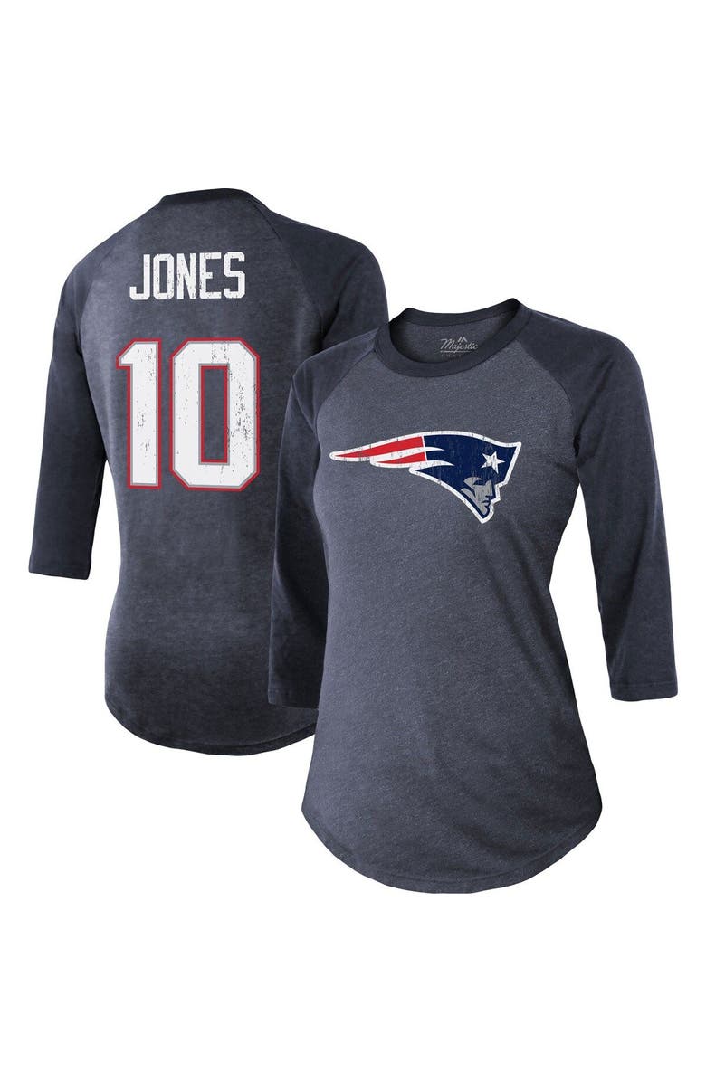 Majestic Threads Women's Majestic Threads Mac Jones Navy New England Patriots Player Name & Number Raglan Tri-Blend 3/4-Sleeve T-Shirt, Main, color,