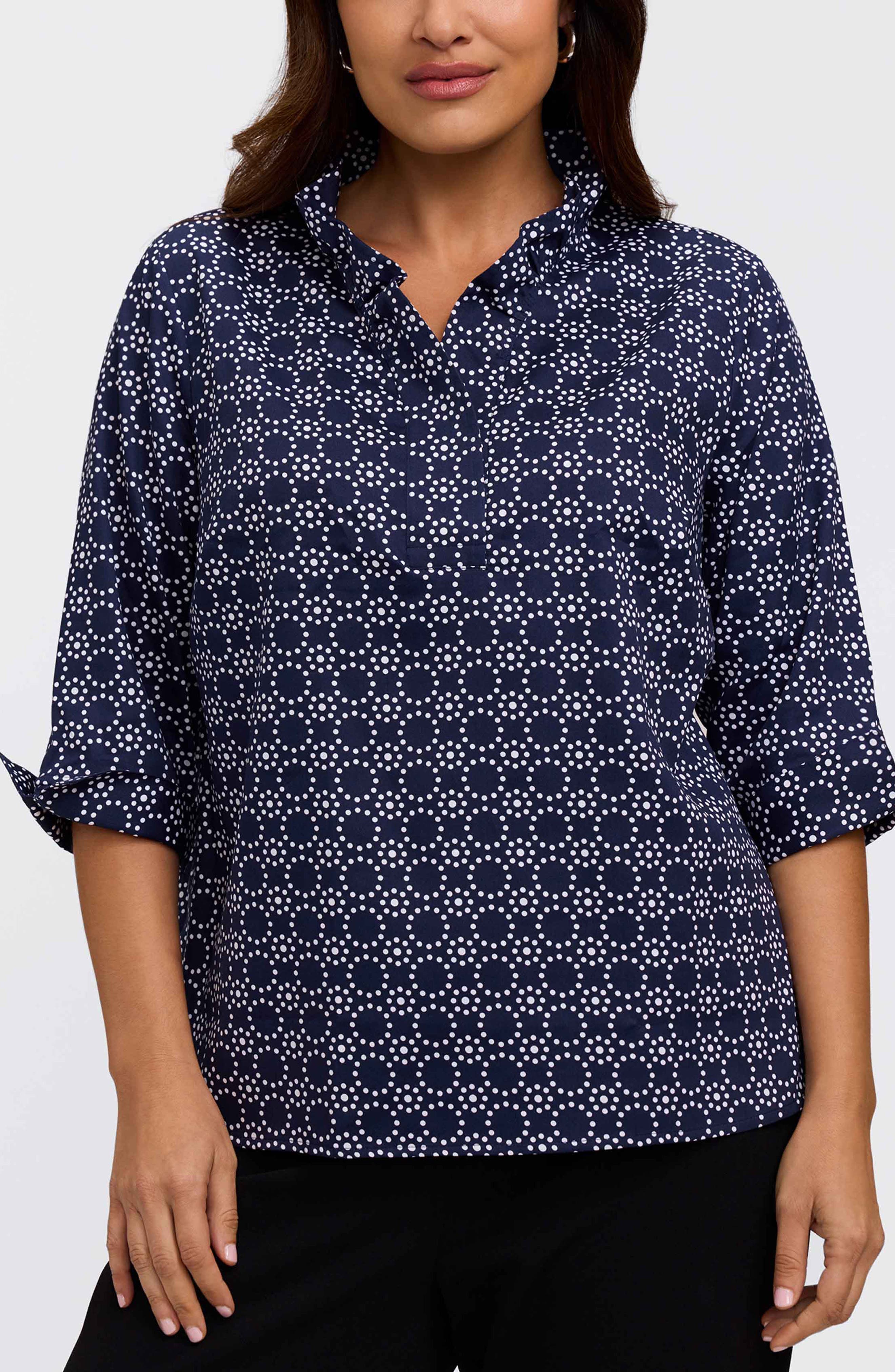 Foxcroft Tammy Cotton Ruffle Collar Top In Blue