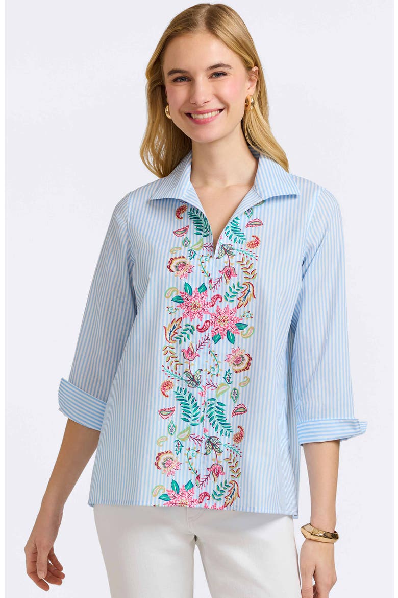 Stripe Floral Embroidered Cotton Button-Up Shirt, Alternate, color, BLUE MULTI