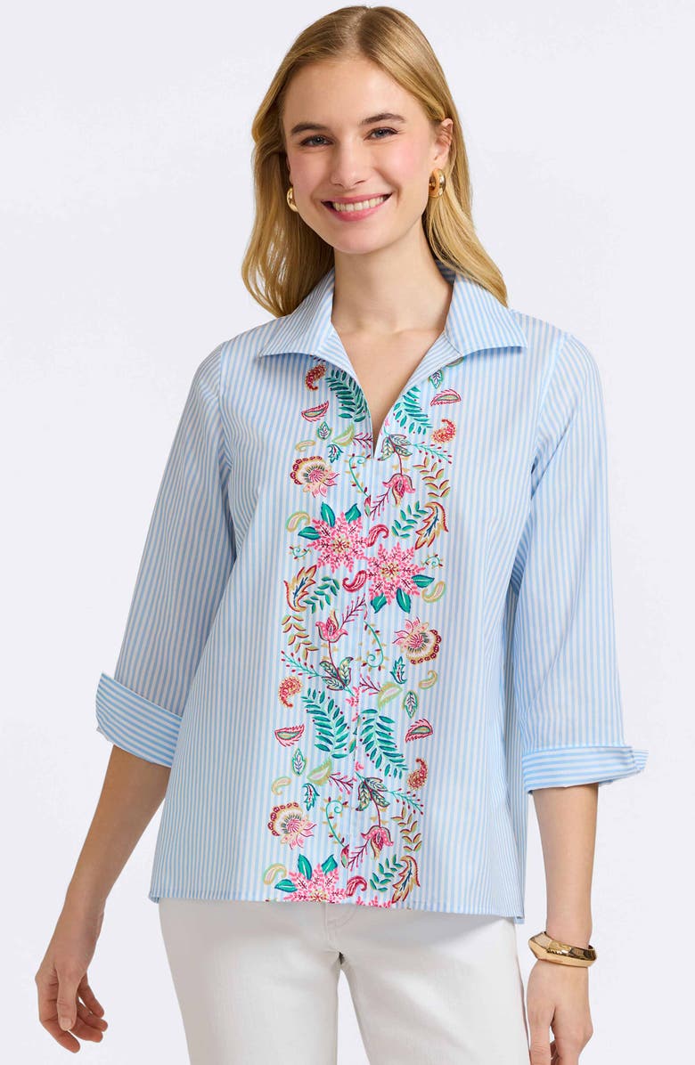 Foxcroft Stripe Floral Embroidered Cotton Button-Up Shirt, Alternate, color, Blue Multi