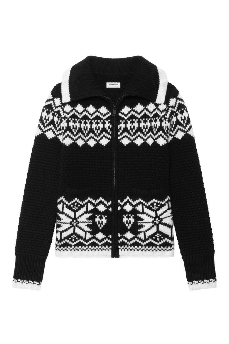 Gildas Pattern Front Zip Wool & Cashmere Cardigan, Alternate, color, BLACK