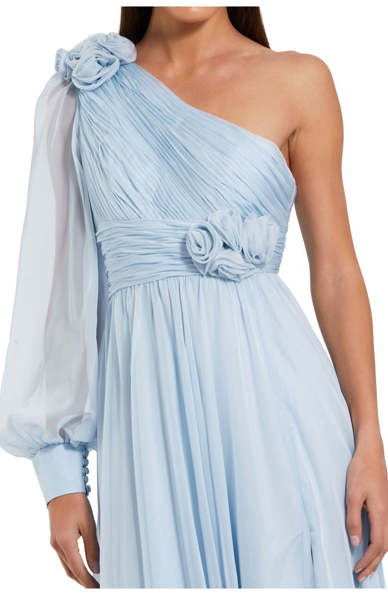 Mac Duggal One Sleeve Chiffon Gown With 3D Flowers, Alternate, color, Powder Blue