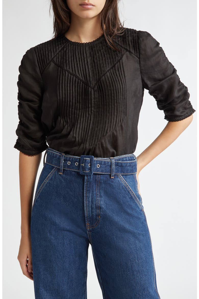 Bryce Pintuck Ruched Sleeve Top, Main, color, BLACK