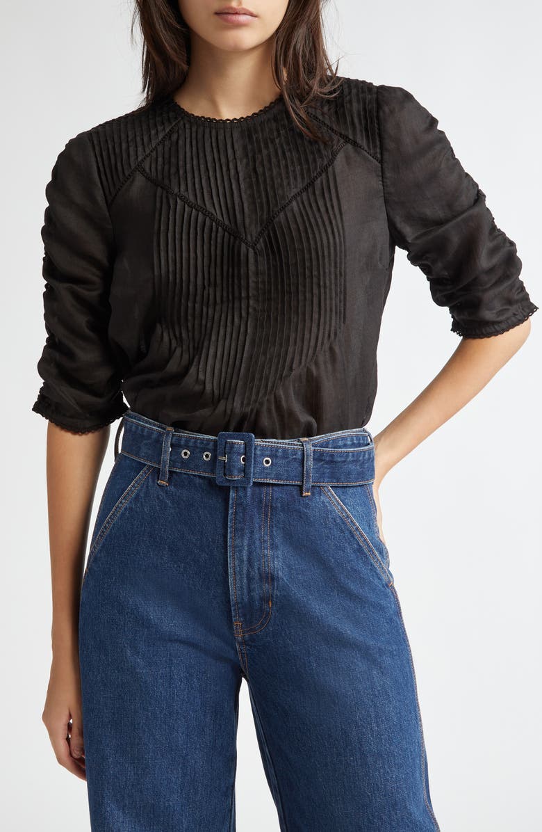 Veronica Beard Bryce Pintuck Ruched Sleeve Top, Main, color, Black