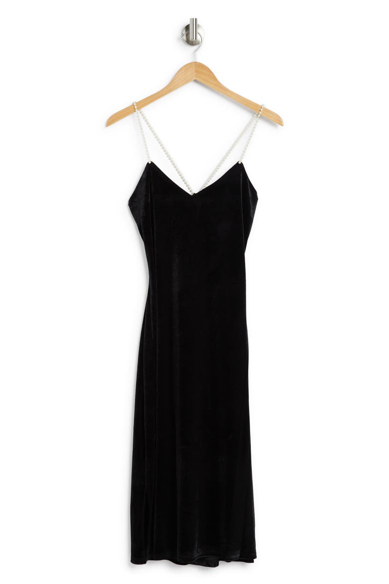 Beaded Strap Velvet Midi Dress, Alternate, color, BLACK