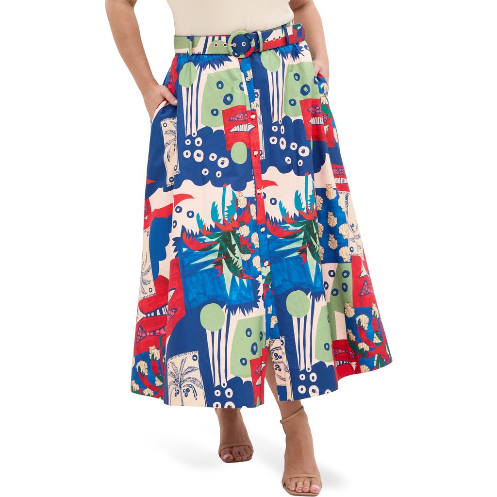 City Chic Elysia Printed Cotton Maxi Skirt In Marine Scape