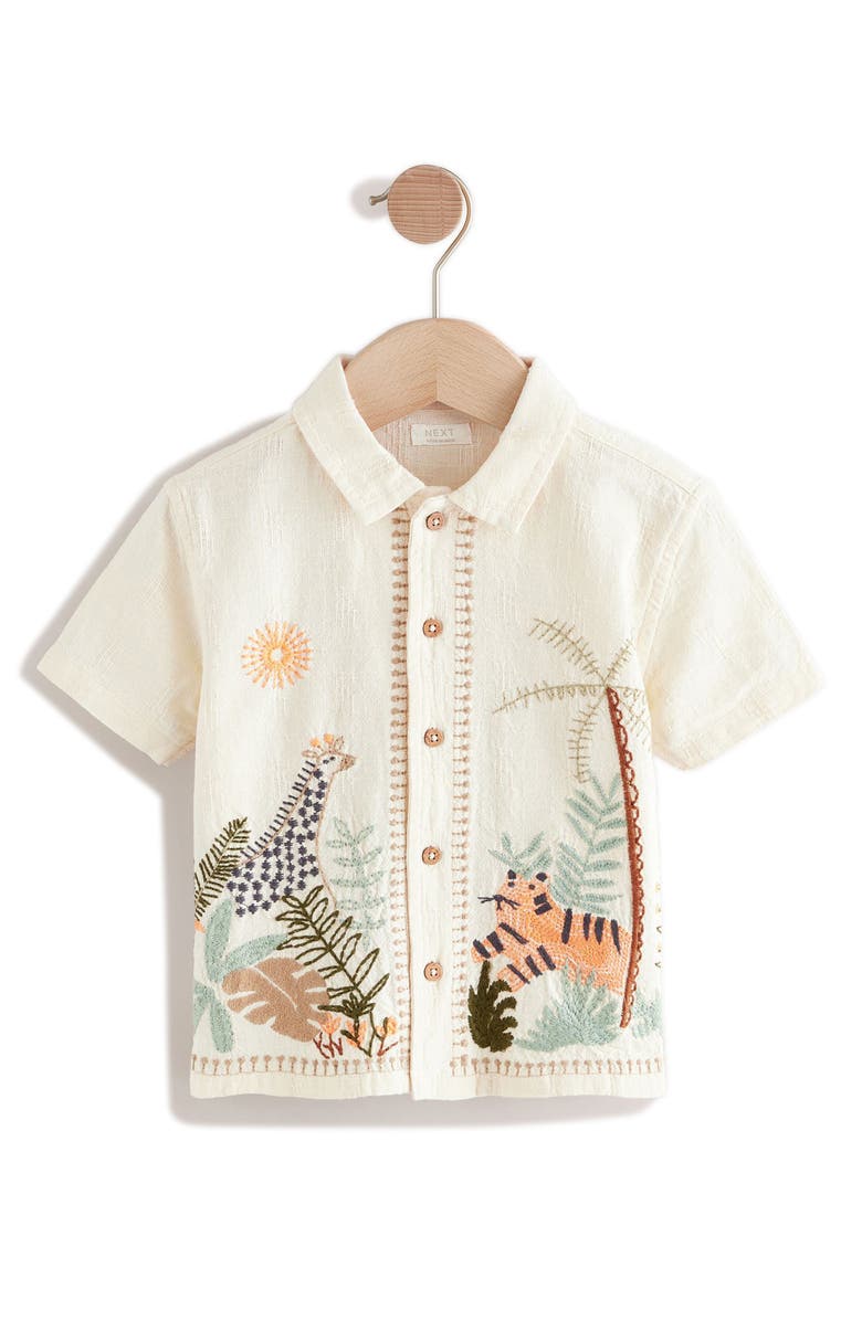 NEXT Kids' Jungle Embroidered Button-Up Shirt, Main, color, 