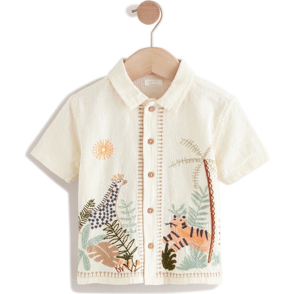 Next Kids' Jungle Embroidered Button-up Shirt In White
