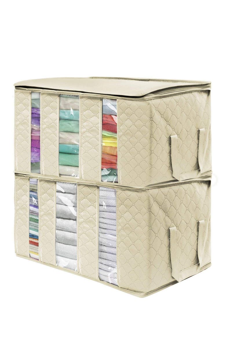 Beige Foldable Fabric Storage 3 Section Organizer Bag - Pack of 2, Main, color, BEIGE