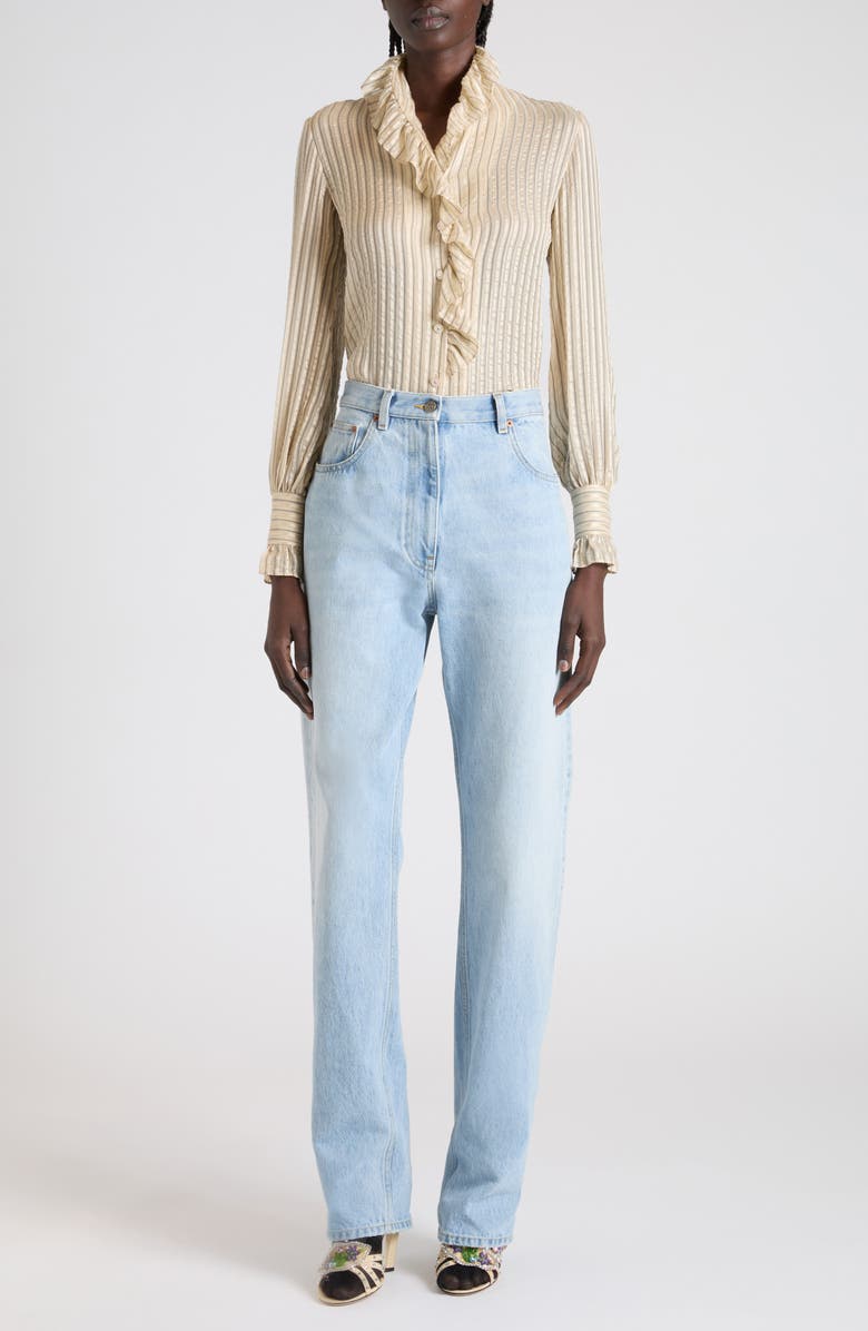 Valentino Metallic Stripe Silk Seersucker Shirt, Alternate, color, Natural Multi