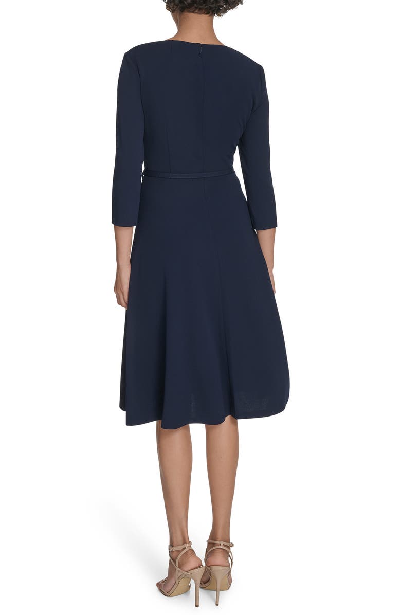 Calvin Klein Asymmetric Neck Belted Fit & Flare Midi Dress, Alternate, color, Indigo