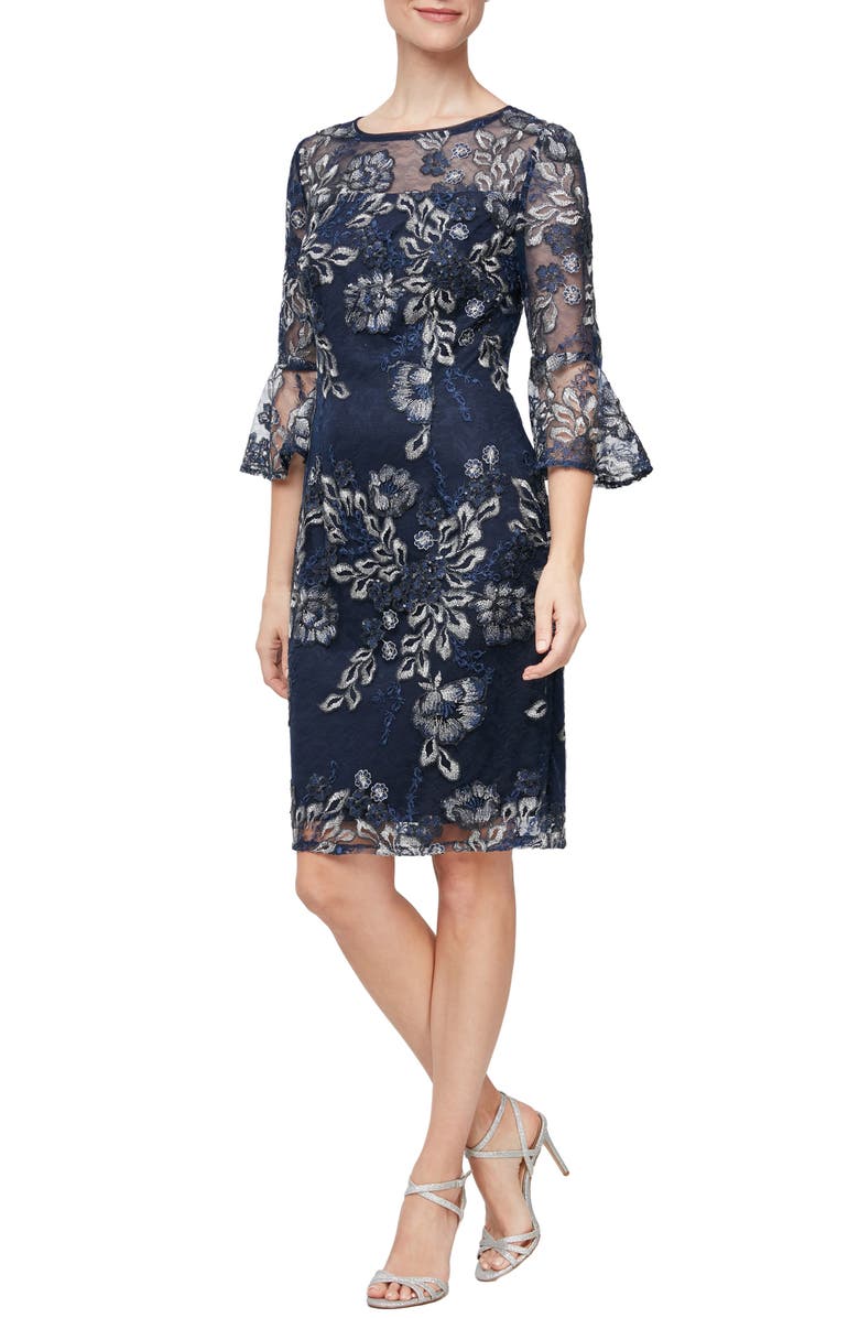 Alex Evenings Metallic Floral Embroidered Sheath Dress, Main, color,
