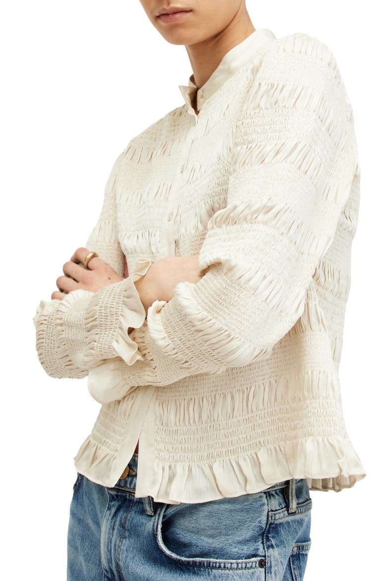 Meg Smocked Button-Up Shirt, Alternate, color, SAND BEIGE