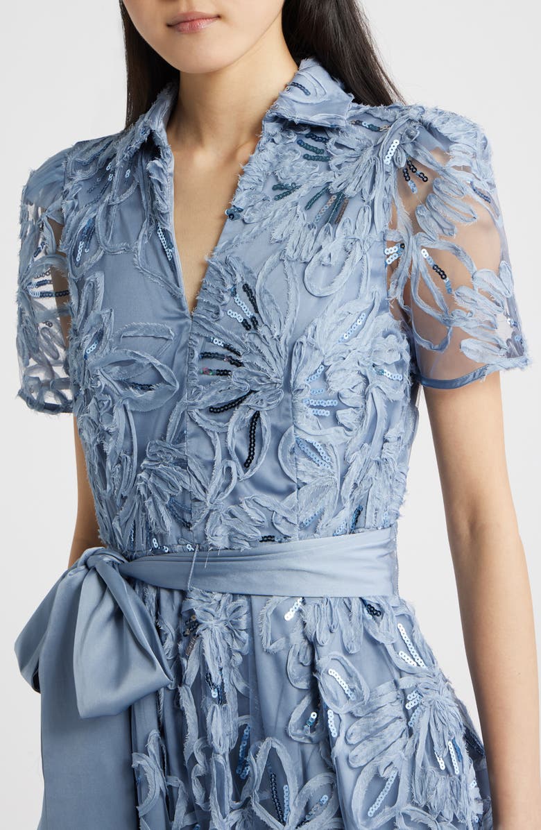 Tahari ASL Sequin Soutache Lace Cocktail Midi Dress, Alternate, color, Sky Blue