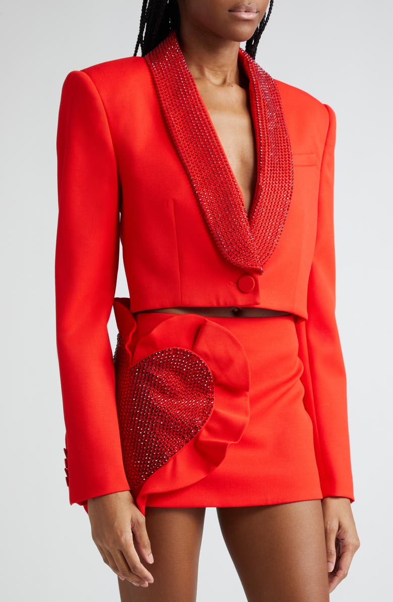 Area Crystal Embellished Cutout Crop Stretch Wool Tuxedo Jacket, Alternate, color,