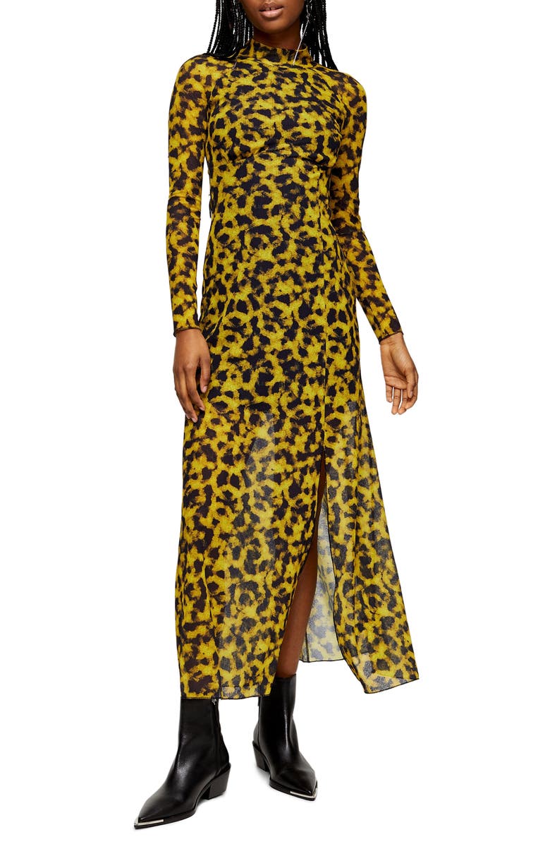 Topshop Smudge Mesh Long Sleeve Midi Dress, Main, color, 