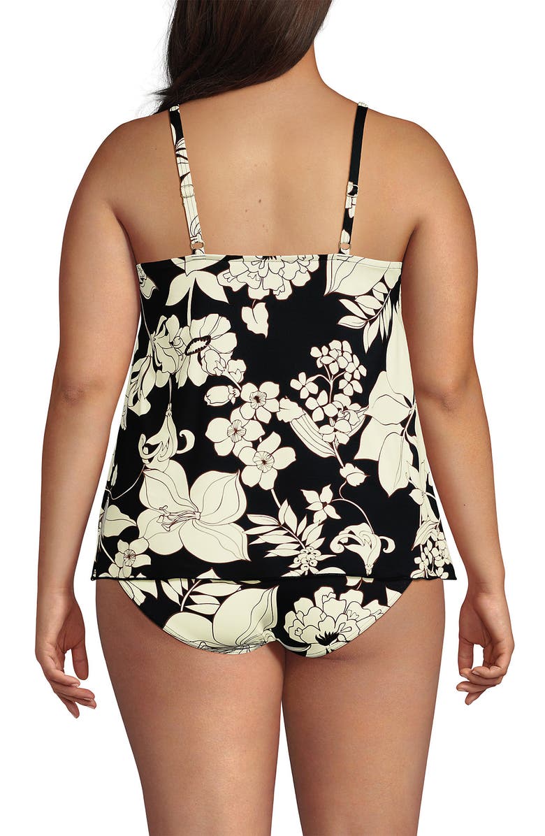 Lands' End Plus Size DD-Cup Chlorine Resistant V-Neck Tulip Hem Tankini Swimsuit Top, Alternate, color, Black/Egret Lilies