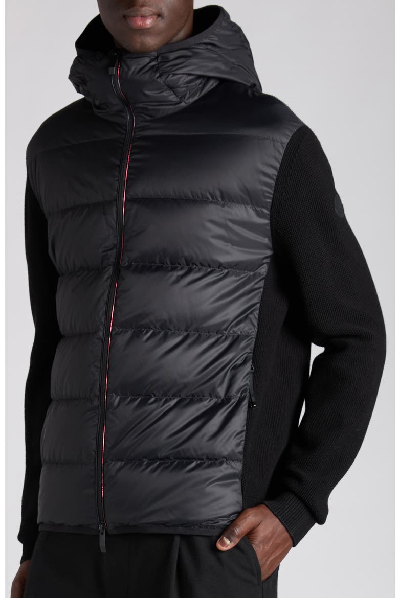 Cotton Knit & Down Hooded Cardigan, Alternate, color, BLACK