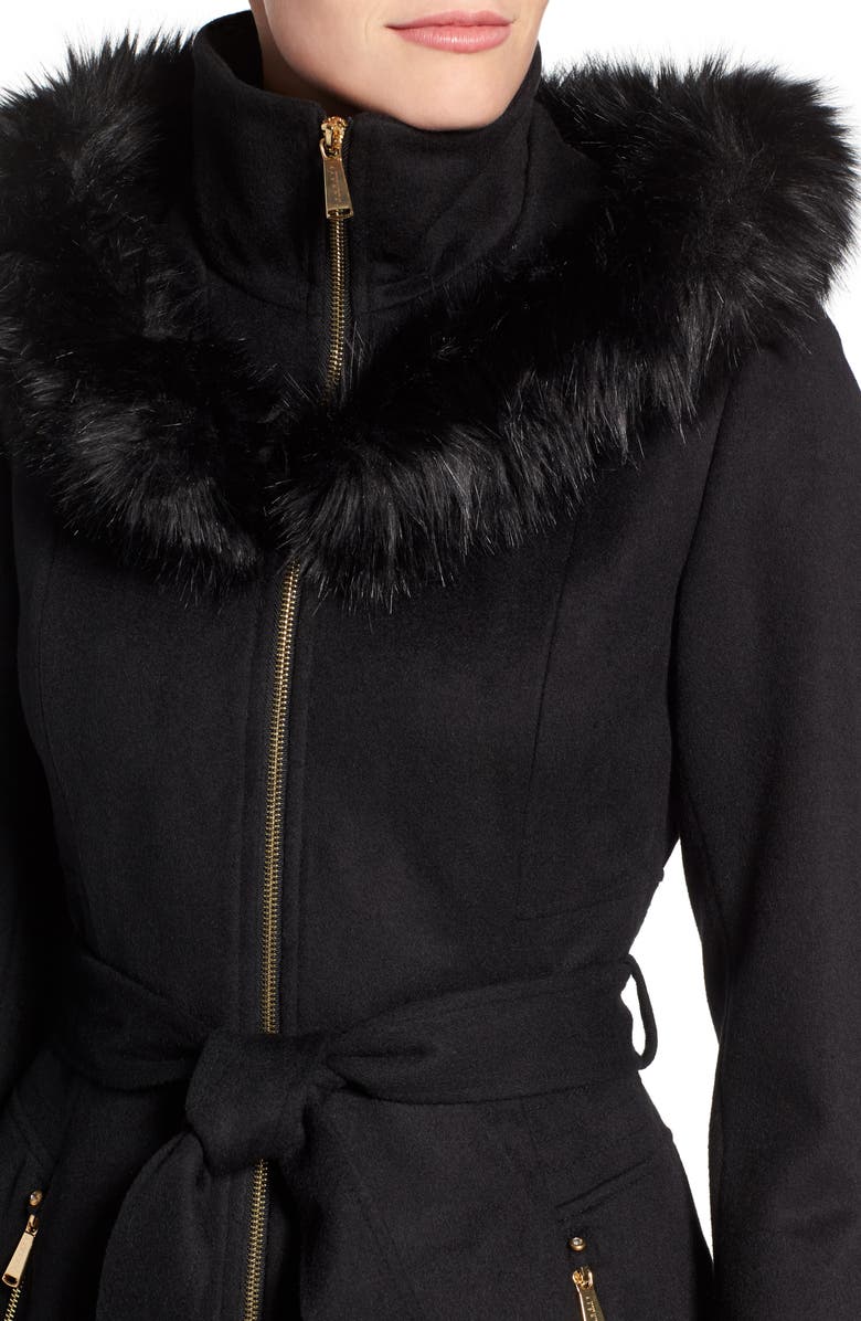 Laundry by Shelli Segal Belted Fit & Flare Coat with Faux Fur Trim, Alternate, color,