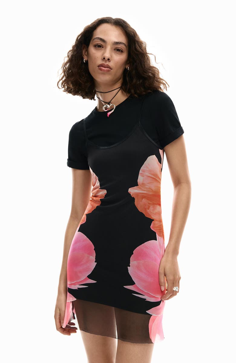 Desigual Floral Print Short Sleeve Minidress, Alternate, color, Black