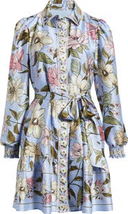 Anne Klein Floral Print Long Sleeve Satin Shirtdress