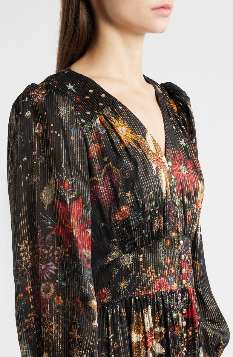 Elie Tahari The Sophie Floral Metallic Stripe Long Sleeve Silk Blend Dress, Alternate, color, Rhinestone Floral