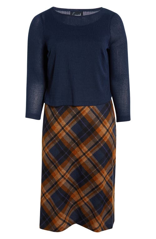 Connected Apparel Mixed Media Long Sleeve Midi Dress In Blue