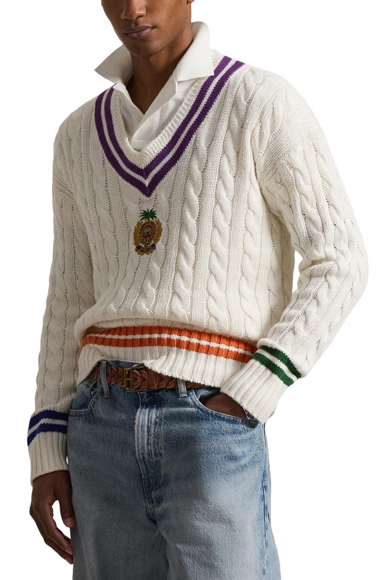 Polo Ralph Lauren Embroidered Cricket Cotton & Linen V-Neck Sweater, Main, color, Cream Combo